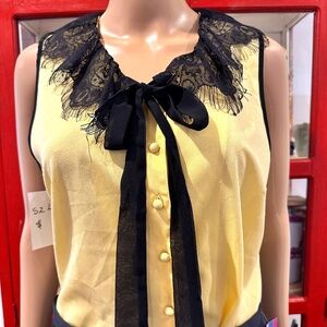 Nicole Marie Yellow Blouse with Black Lace Collar Sz L